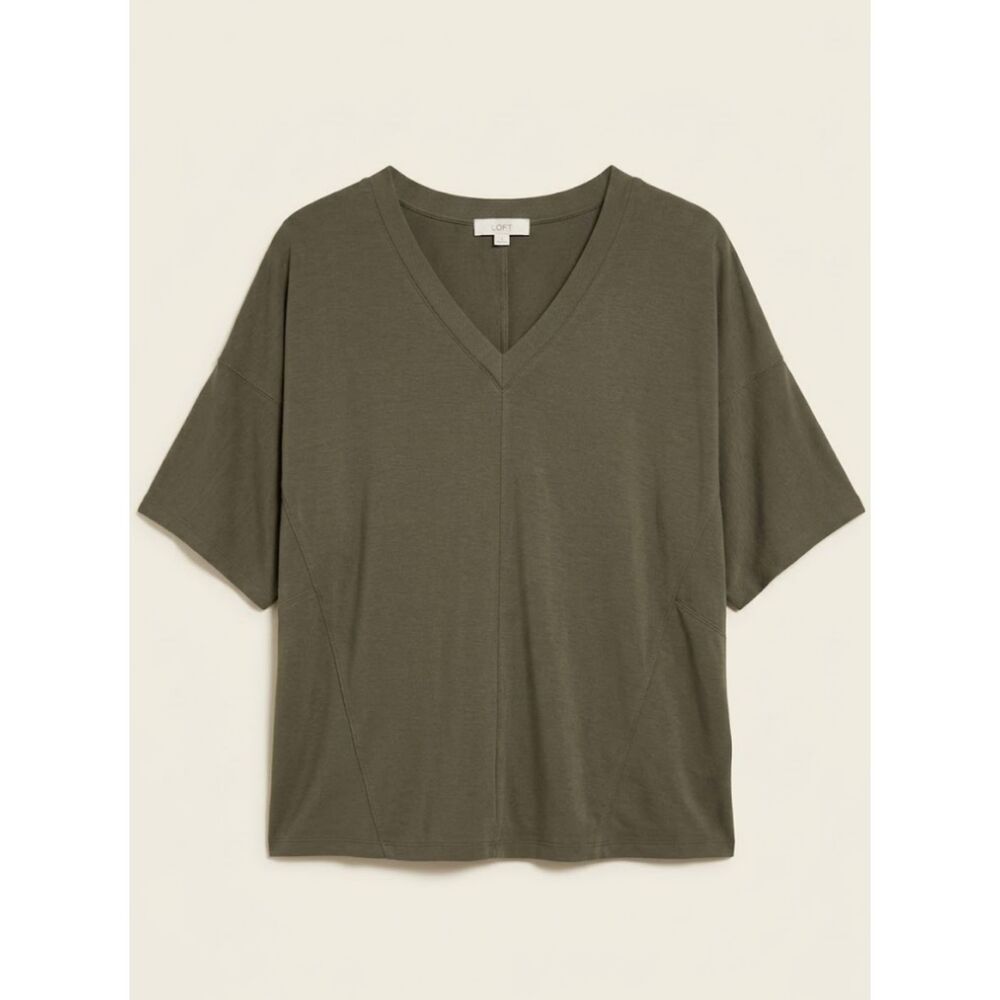 LOFT Womens L Olive Green V Neck Dolman Sleeve Top Oversized Relaxed Knit Blouse